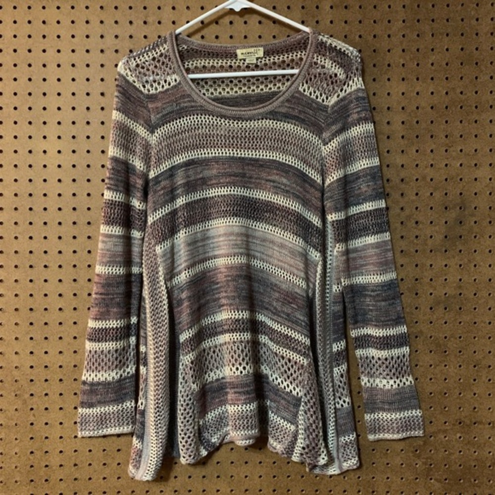 One World Crochet Knit Tunic‎ Sweater Medium Open Weave Boho Pullover Oversized